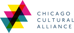 Yellow, pink and teal triangles with text "Chicago Cultural Alliance"